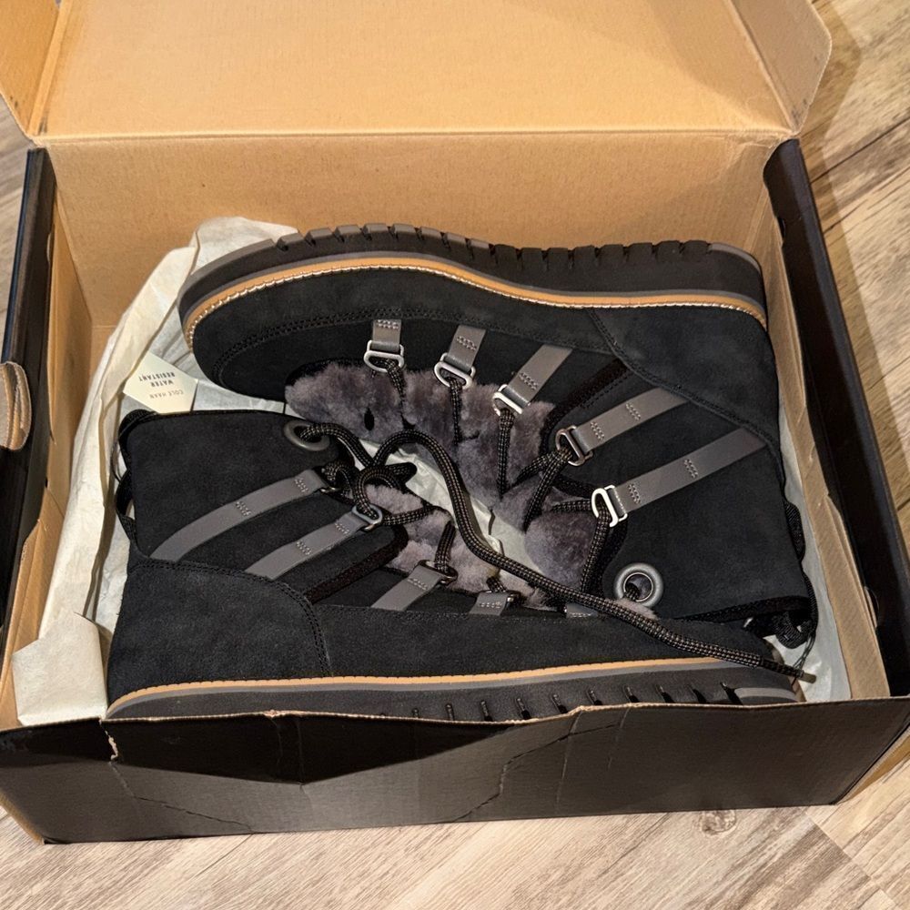 Cole Haan Black Suede Lace-Up Fur-Trim Hiking Boots